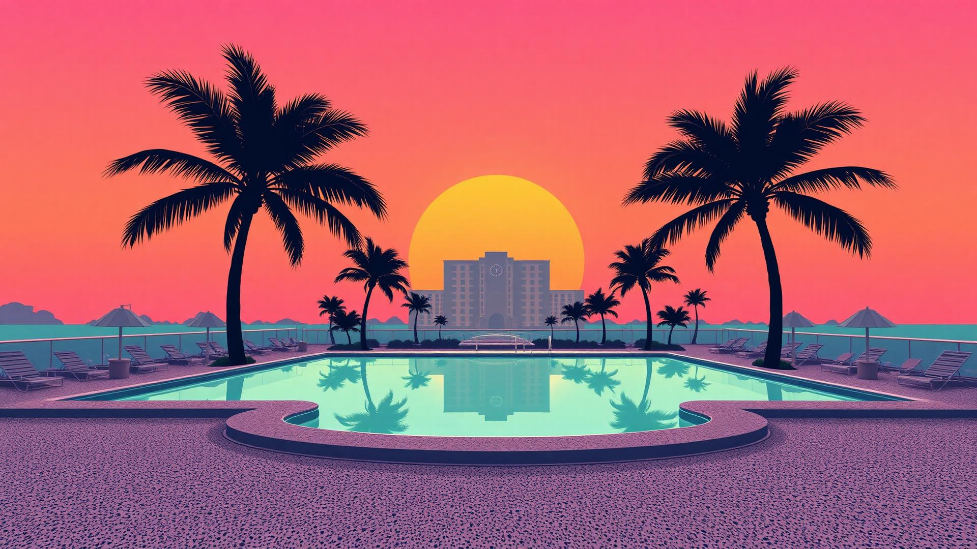 Sunset over a Miami Beach hotel pool deck framed by palm silhouettes